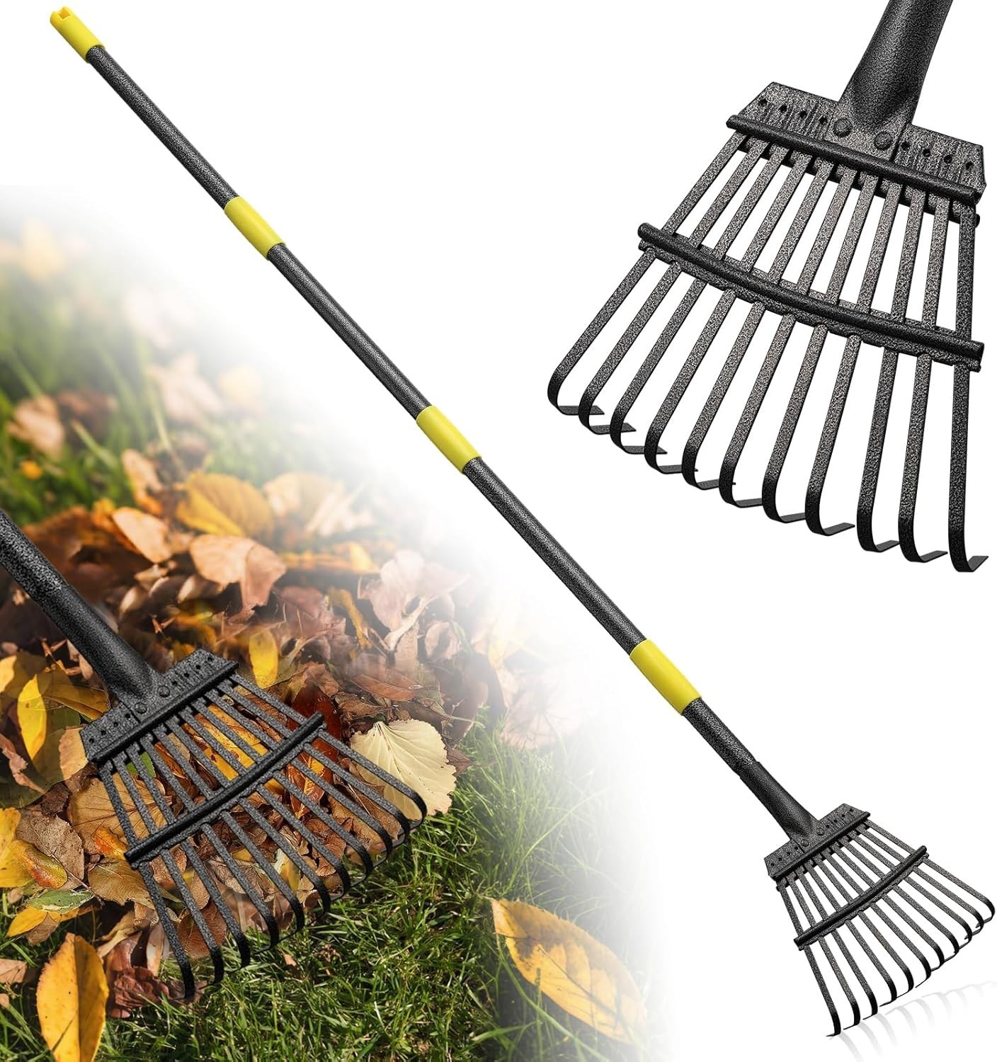 Heavy Duty Garden Leaf Rake 8.5" Wide Extendable Handle Compact Steel