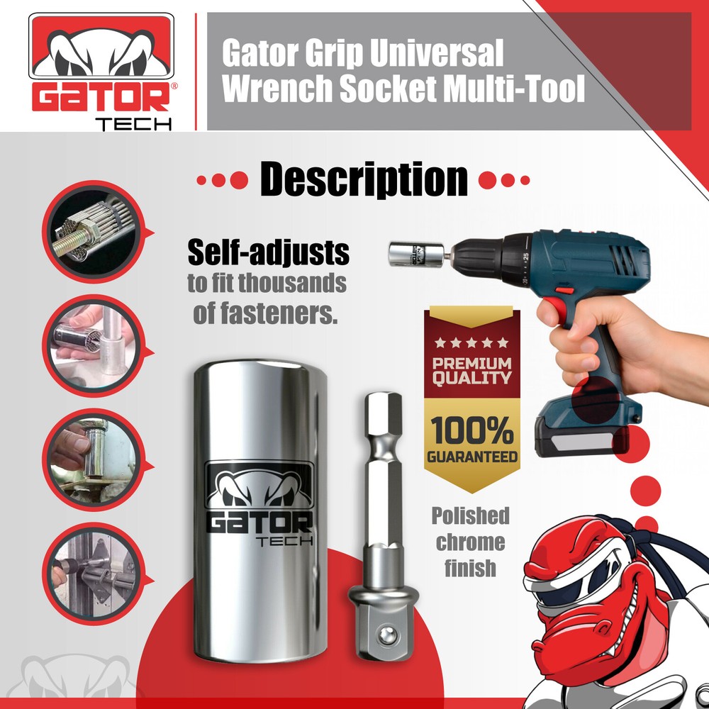 Universal Socket Wrench Magical Power Grip Gator Tech Multi Tool Drill Adapter