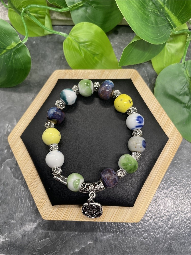 Handmade Ceramic Bead Beaded Stackable 6.25” Plus Stretch Bracelet New B220