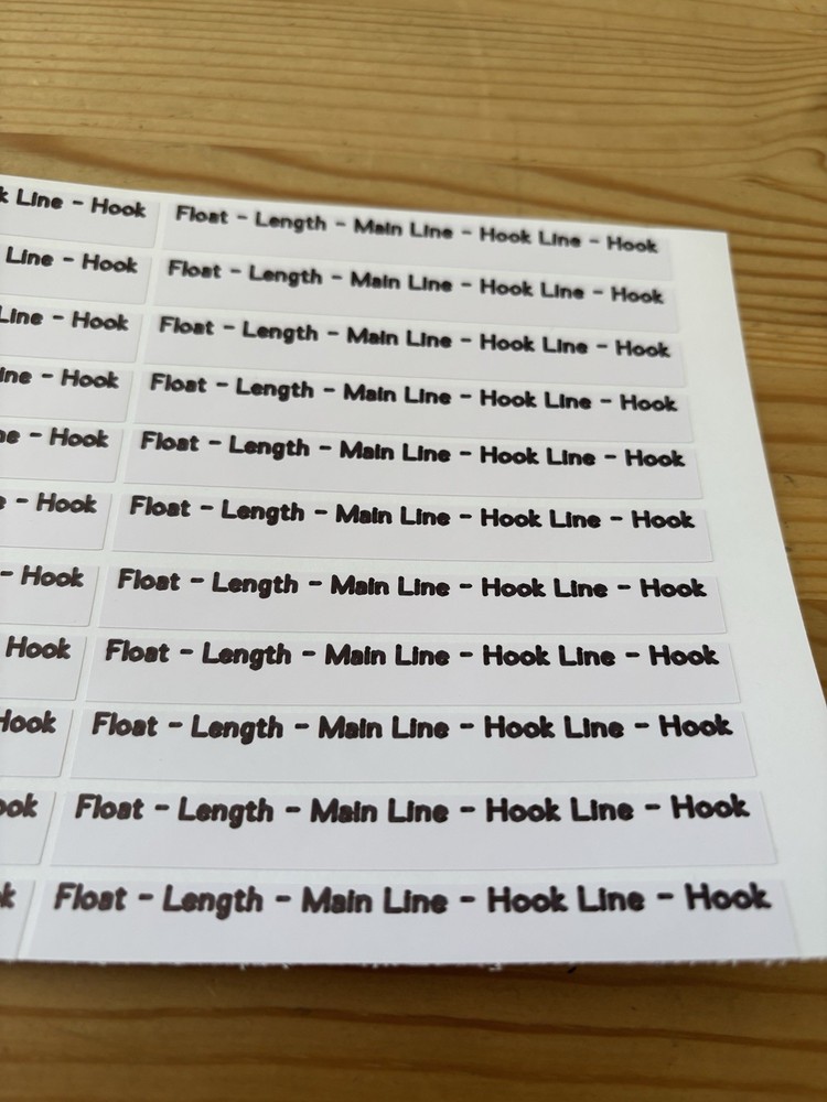 24 PRINTED VINYL POLE LABELS - POLE FLOAT - POLE RIG - WINDER - WATERPROOF HOOK