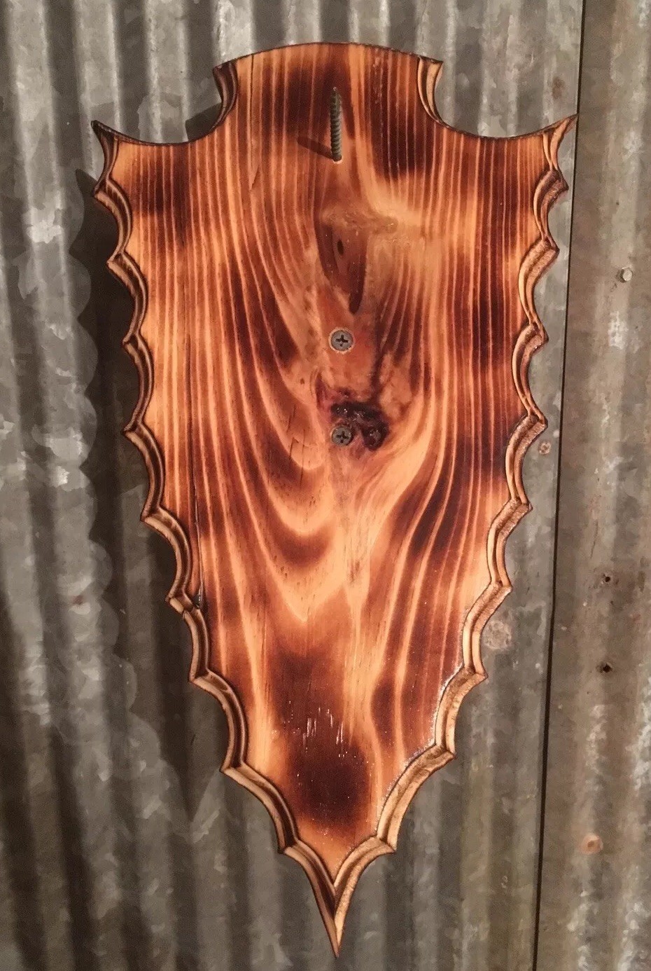 European Deer Skull Mount Wall / Table Pedestal Plaque Burned Pine Arrowhead