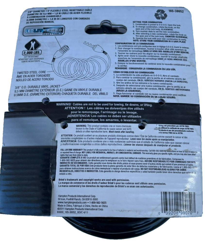 BRINKS High Security 6ft x 3/8" Cable, 165-38652