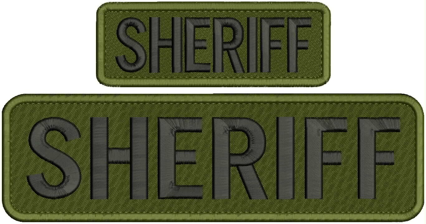SHERIFF embroidery patches  3x11 and 2x6 hook on back BLACK ON OD GREEN