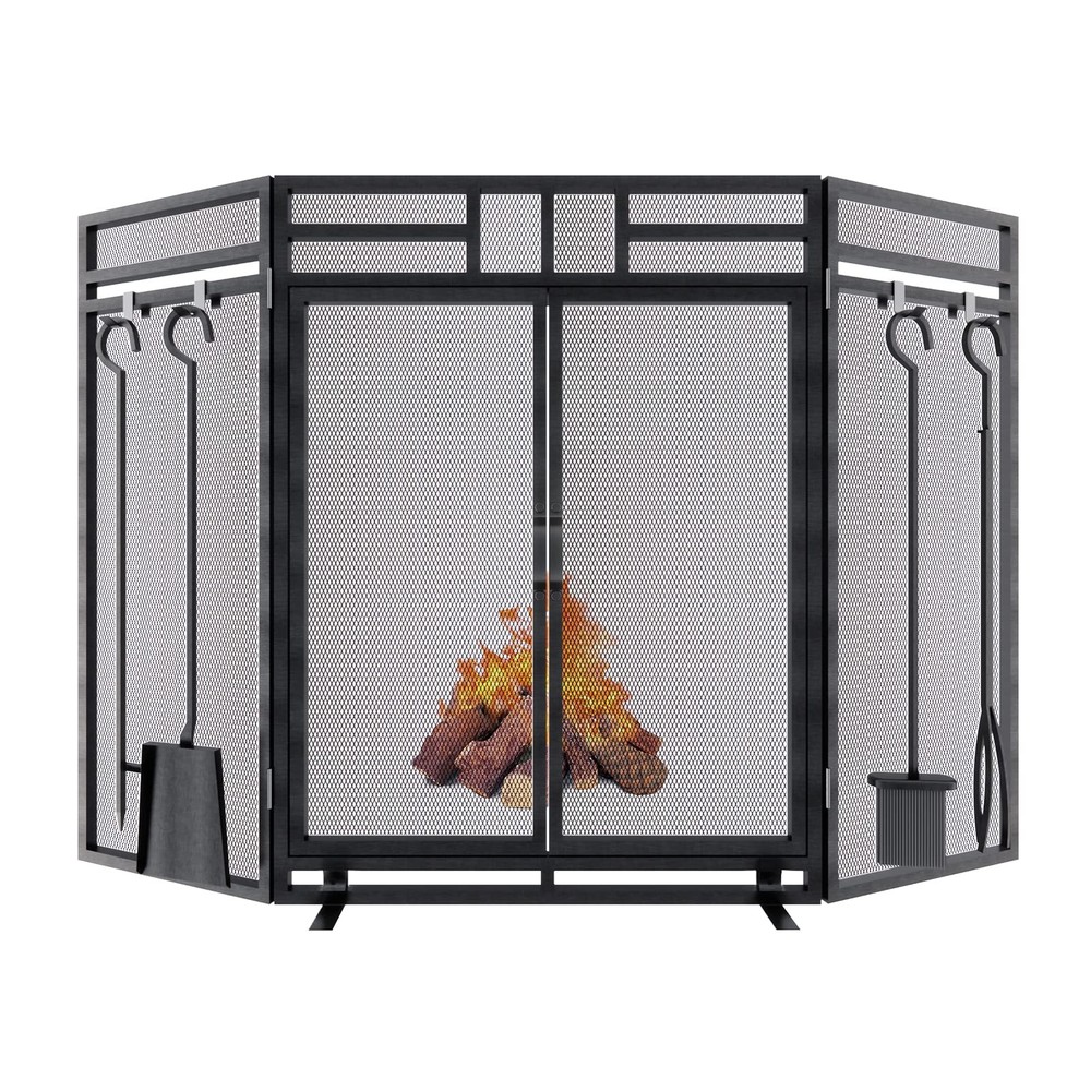 Fireplace Screen with Doors and Tools Set,3 Panel Foldable Metal Fireplace Gu...