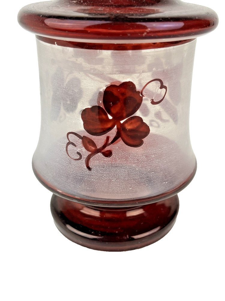 Antique Bohemian Ruby Red Covered Candy Dish W/ Leaf Pattern 7"