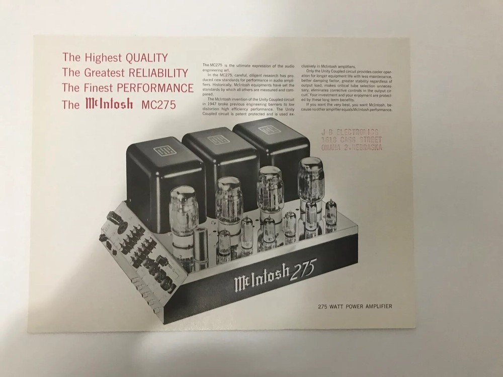 Mcintosh 275 Amplifier brochure/spec sheet