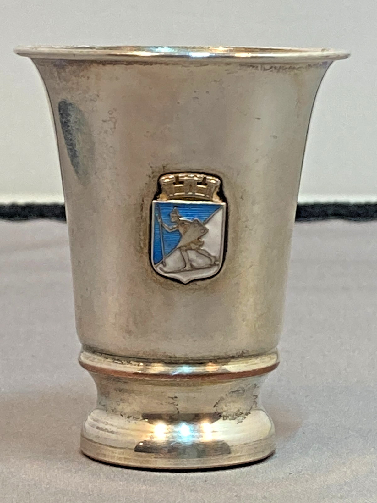Vintage Silver Silverplate Shot Glass Cup Enamel crest coat of arms Lillehammer