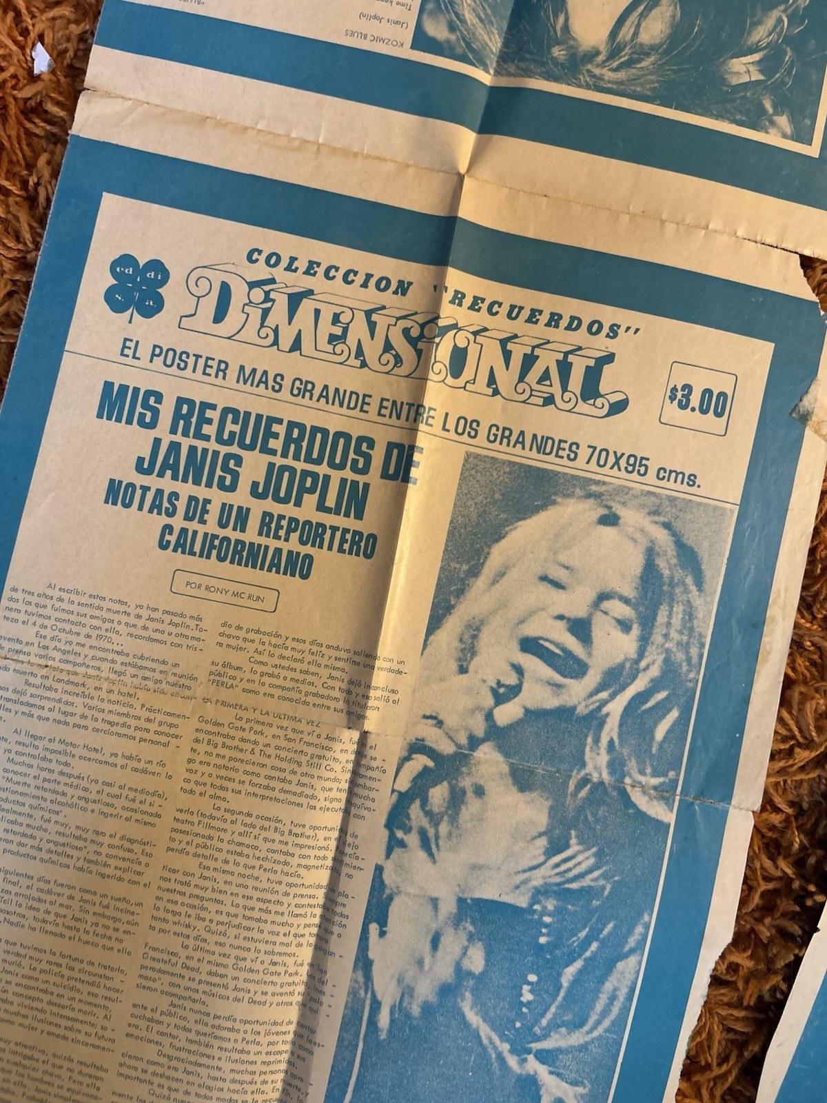 Janis Joplin Large Vintage Poster Memorial Spanish Magazine SEE CONDITION