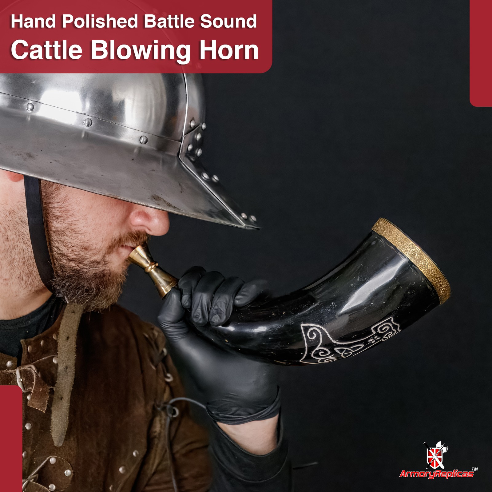 Medieval Viking Mjolnir Blowing Horn with Brass Rim - 9-12" Authentic Horn