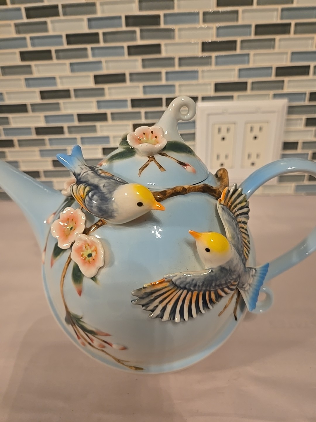 Pier 1 Imports Hand Painted Porcelain 3D Decorative Teapot Birds Flowers 7”