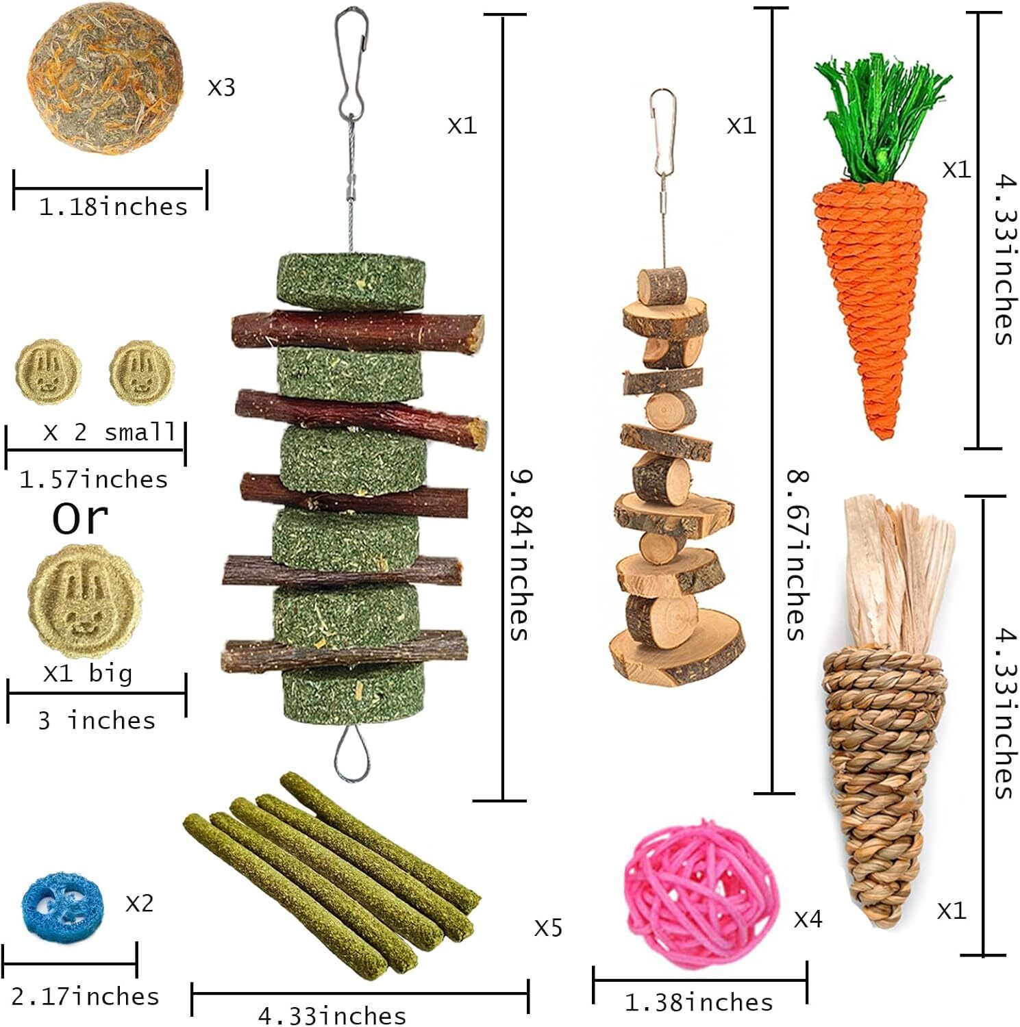 20 PCS Bunny Chew Toys for Teeth, Natural Rabbit Toys Apple Wood Grass