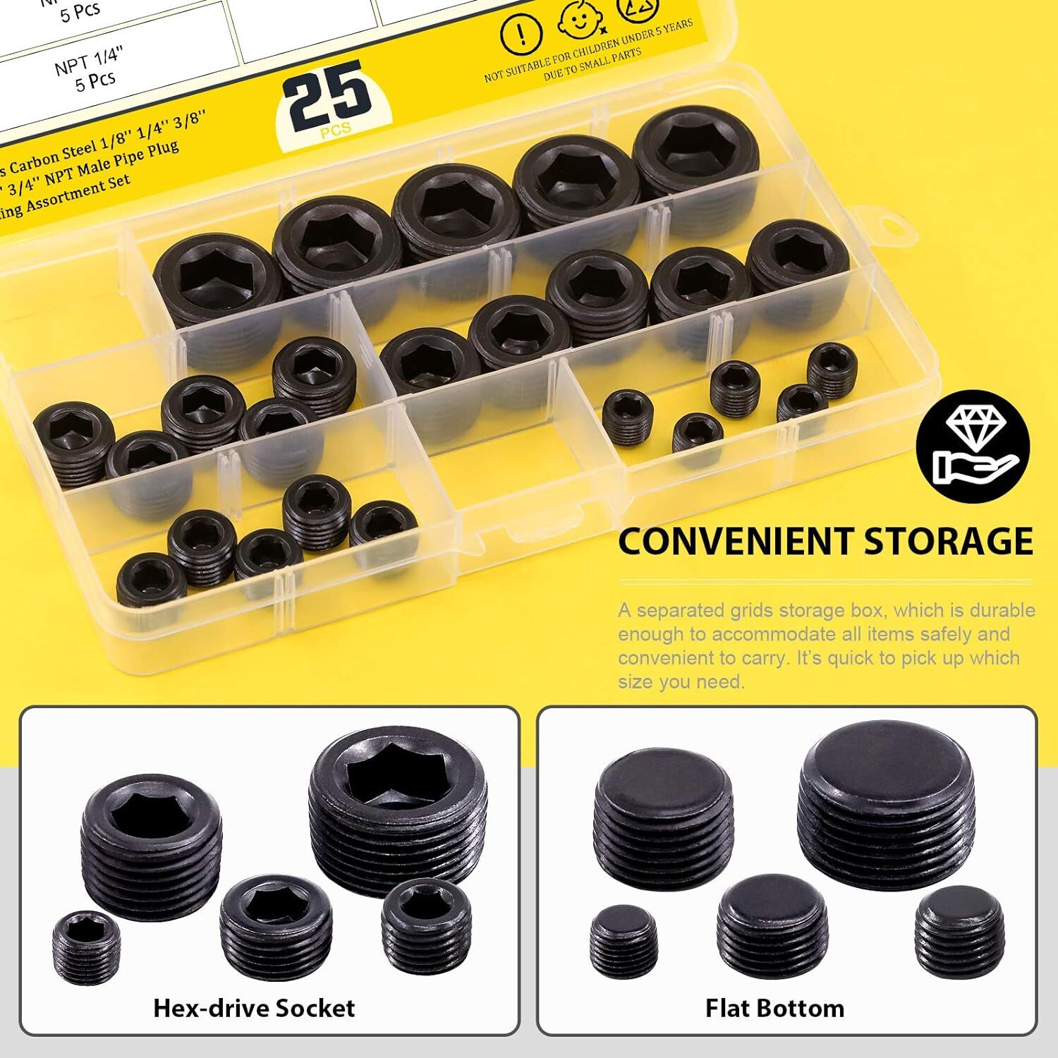 25Pcs NPT Plug Set Pipe Plug Assortment Kit 1/8" 1/4" 3/8" 1/2" 3/4" Carbon Stee