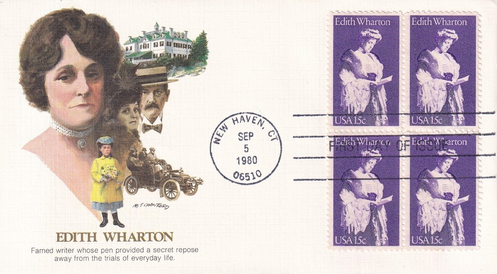 STAMP SCOTT 1832 "Edith Wharton" 15 CENT 1980 FDC BLOCK of 4 - E
