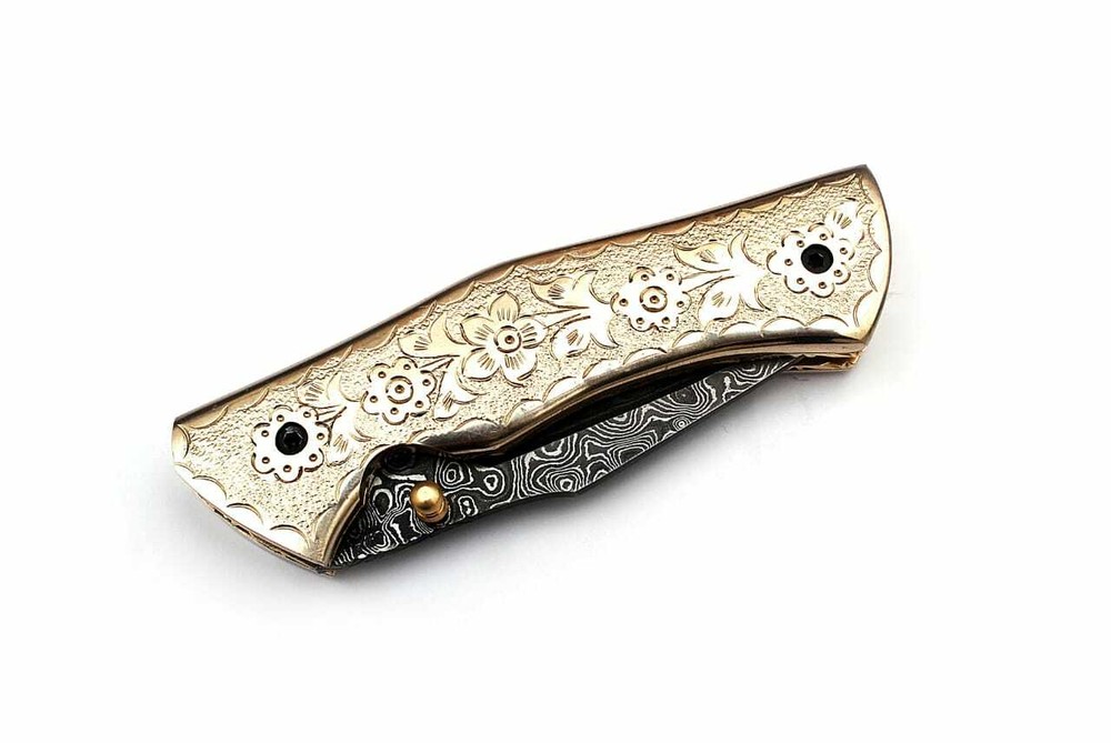 White Copper Executive Series Damascus Folding Knife Brass & Copper File work