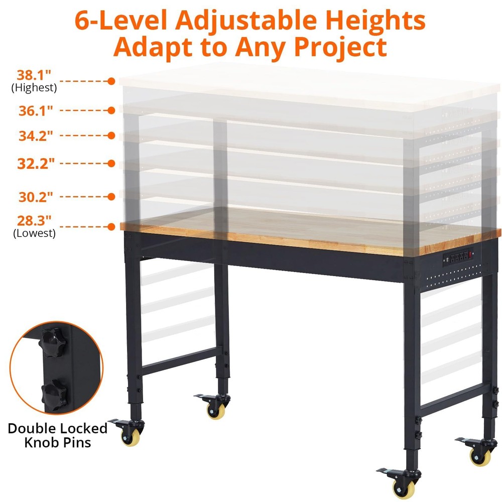 48"x 24" Adjustable Workbench ,Rubber Wood Work Table 2000 LBS with Power Outlet
