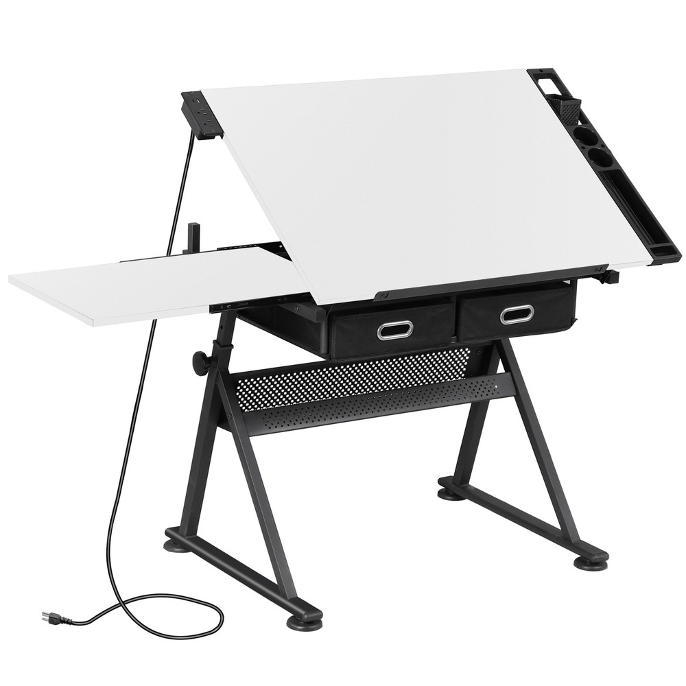 Drawing Drafting Table Stage Platform Adjustable Height W/ Stool Outlet White