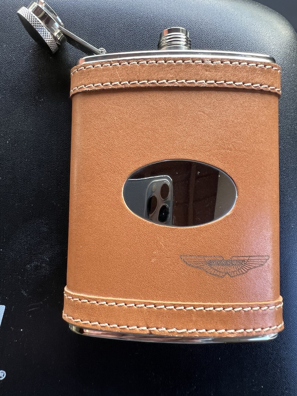 Aston Martin Leather And Stainless 7 oz Hip Flask. From LA Collection With Box.