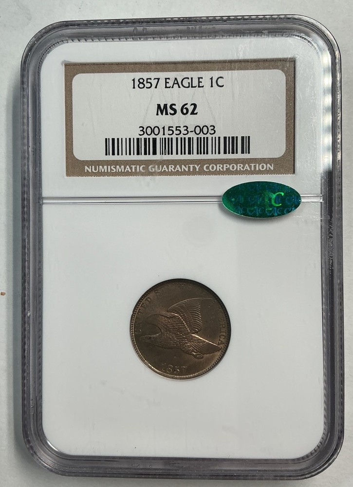 1857 FLYING EAGLE CENT NGC CHOICE MS 62 CAC