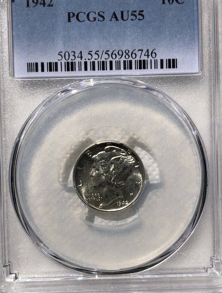 1942 10C Mercury Dime PGCS AU 55