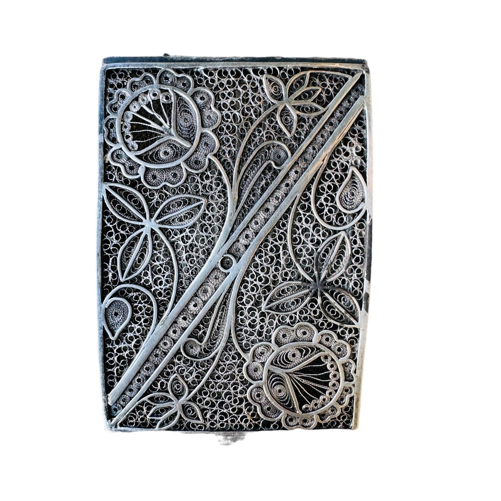 Antique Cigarette Case 3 Inch Filigree Floral Art Deco Sterling Silver 76.3g