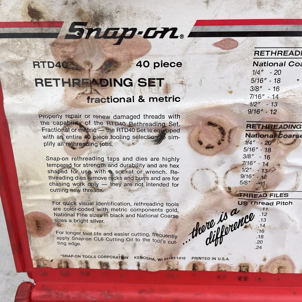 SNAP-ON - RTD40 - RETHREADING SET -W/Red Hard Case - Missing 3 pcs