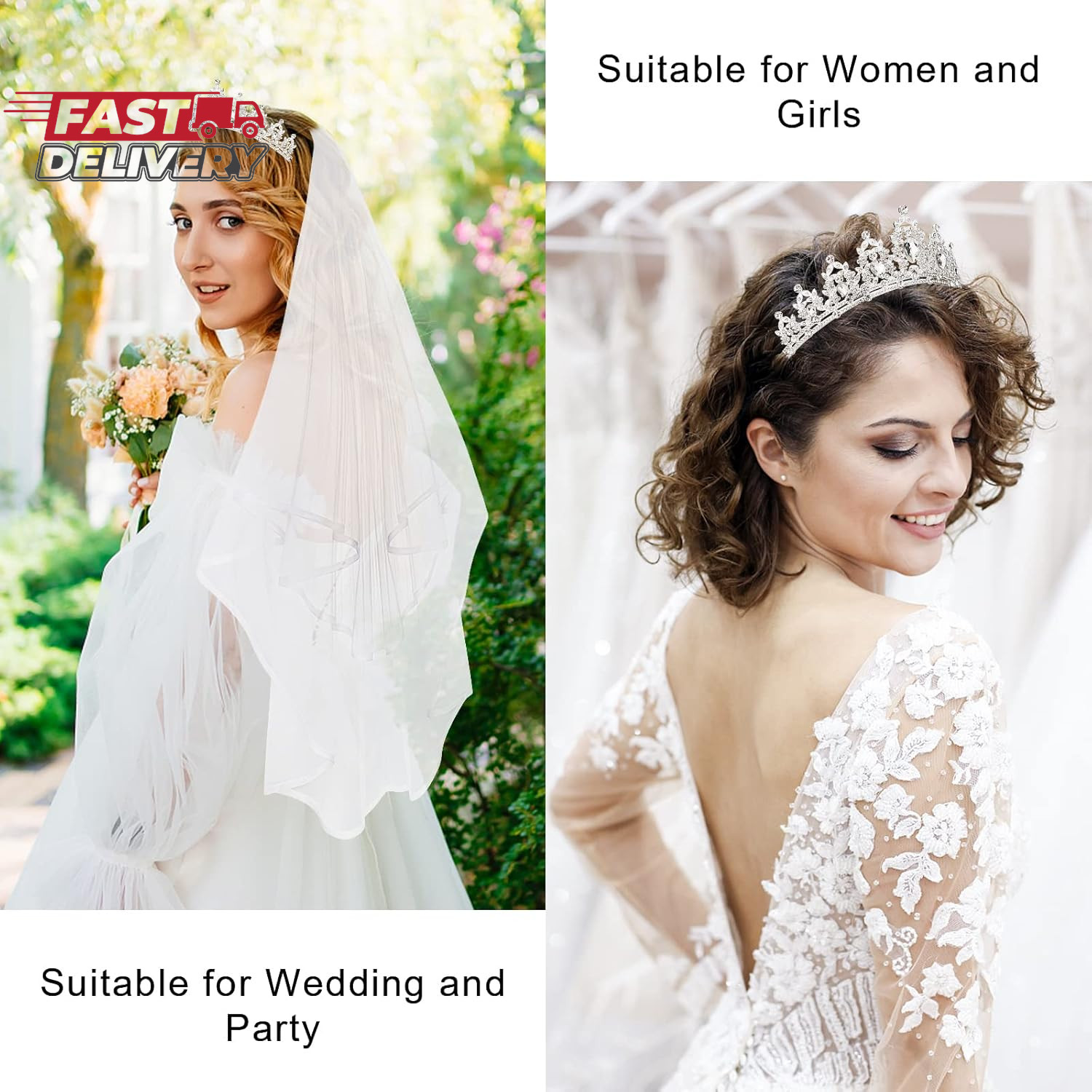 Casoty Bridal Tiara with Veil, Bridal Veils and Headpieces, Wedding Bridal Veil