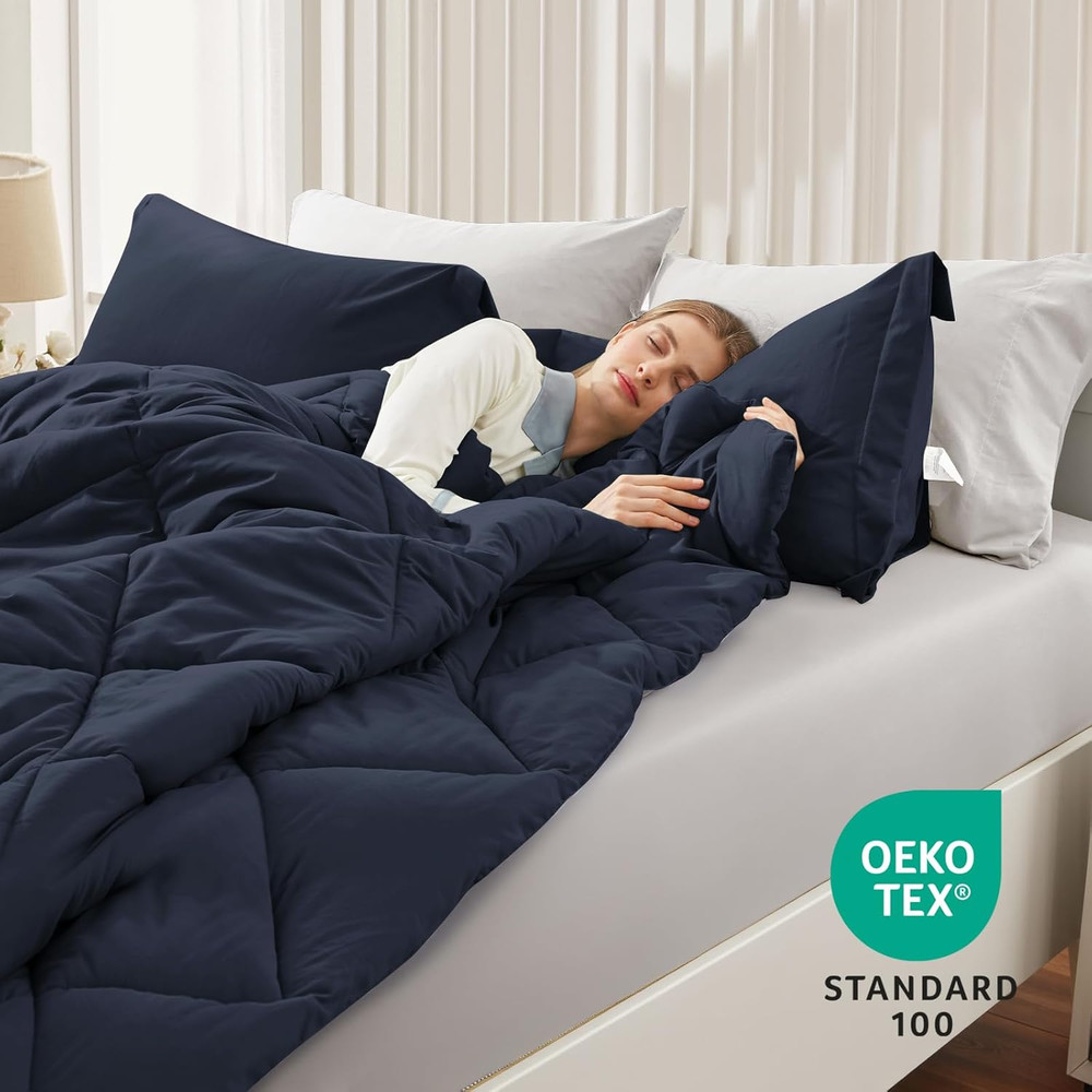 Queen Comforter Set Navy Blue, 3 Pieces Comforters Queen Size Solid Quilted Bedd