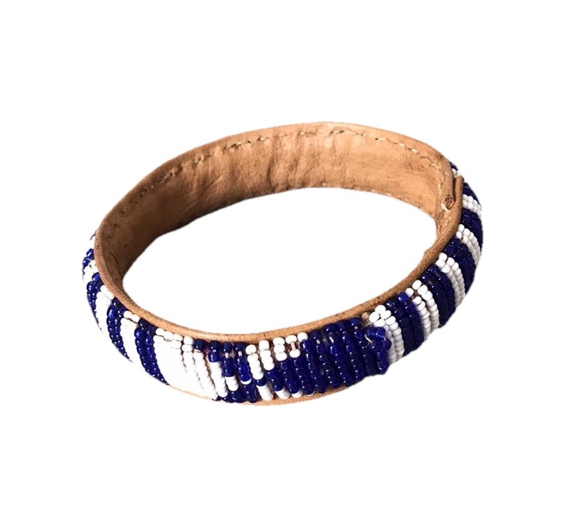 Handmade Blue White Beaded Leather Bangle Bracelet