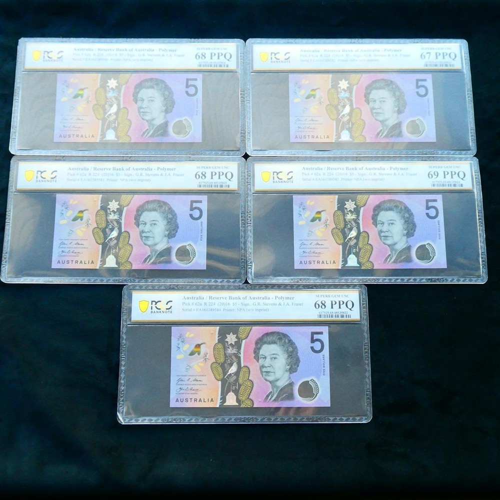 5 x Consecutive 2016 Stevens Fraser $5 Banknotes PCGS 67-69 PPQ #5022