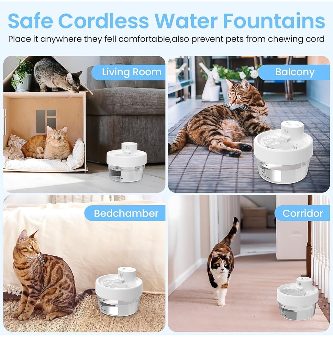 Cat Water Fountain, Battery Operated Water Fountains for Cats Indoor - 1L Wirele