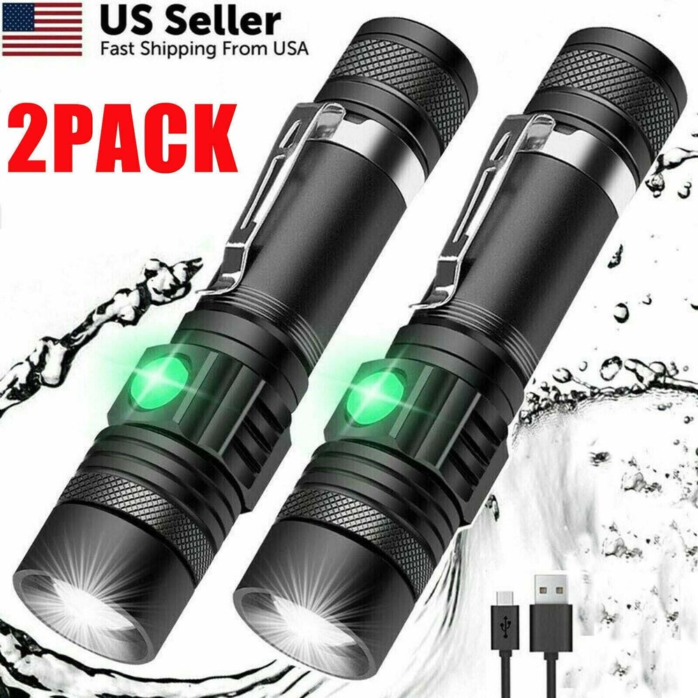 2 PACK LED Flashlight Rechargeable USB LED Tactical Torch Light Lamp