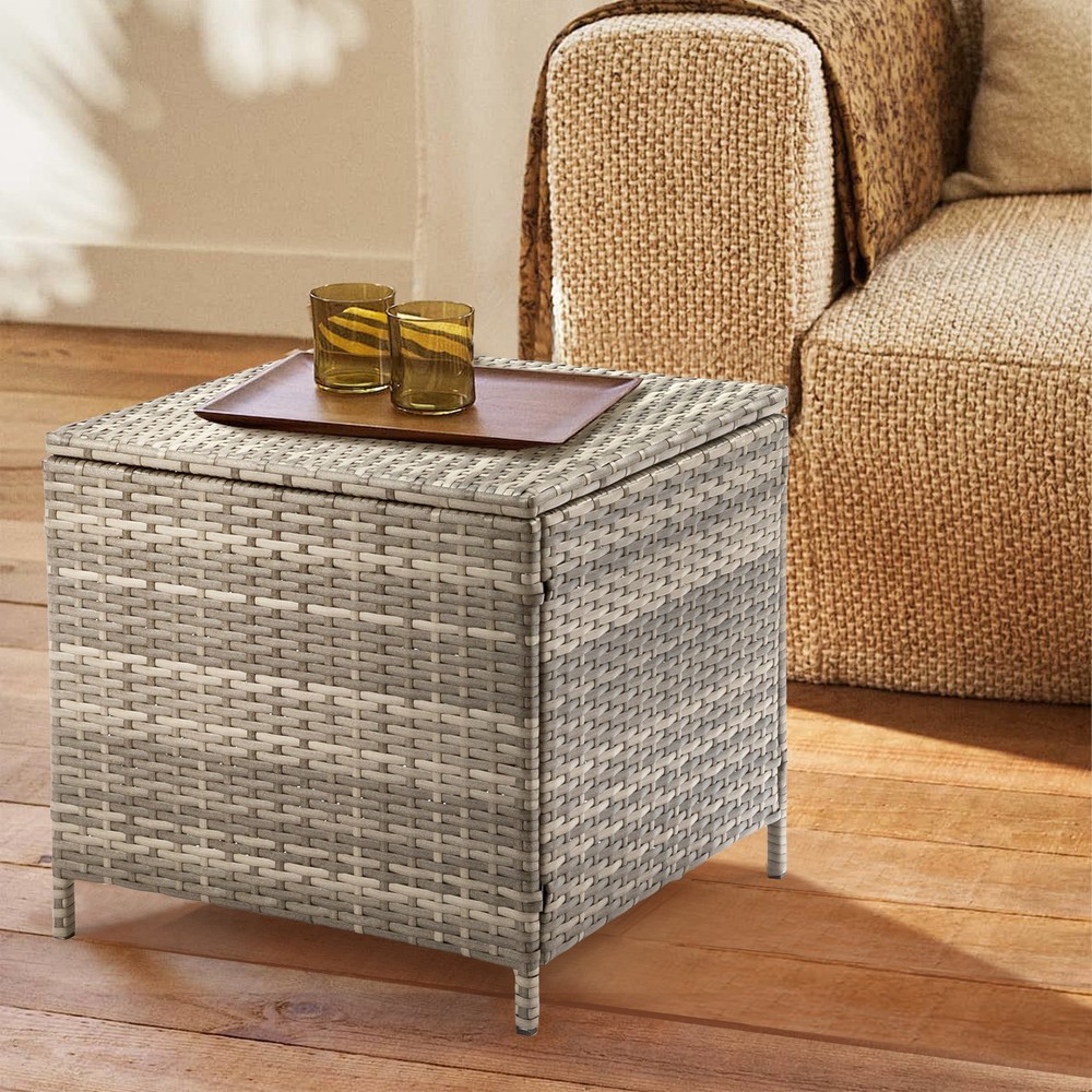 PE Wicker Side Table with Storage, Patio Rattan End Table Square Container