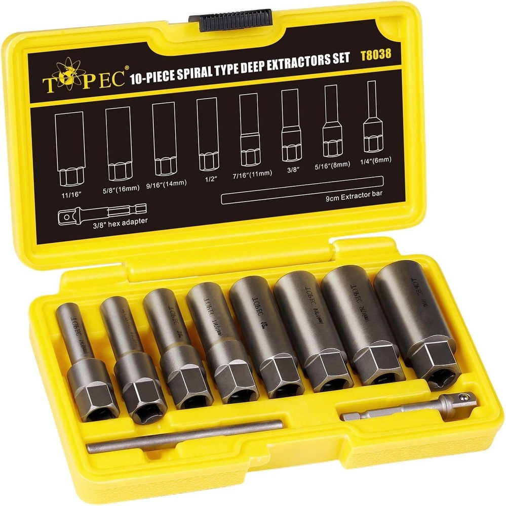 Topec 10-Piece Spiral Type Deep Bolt Extractor Set, Spark Plug 10pcs