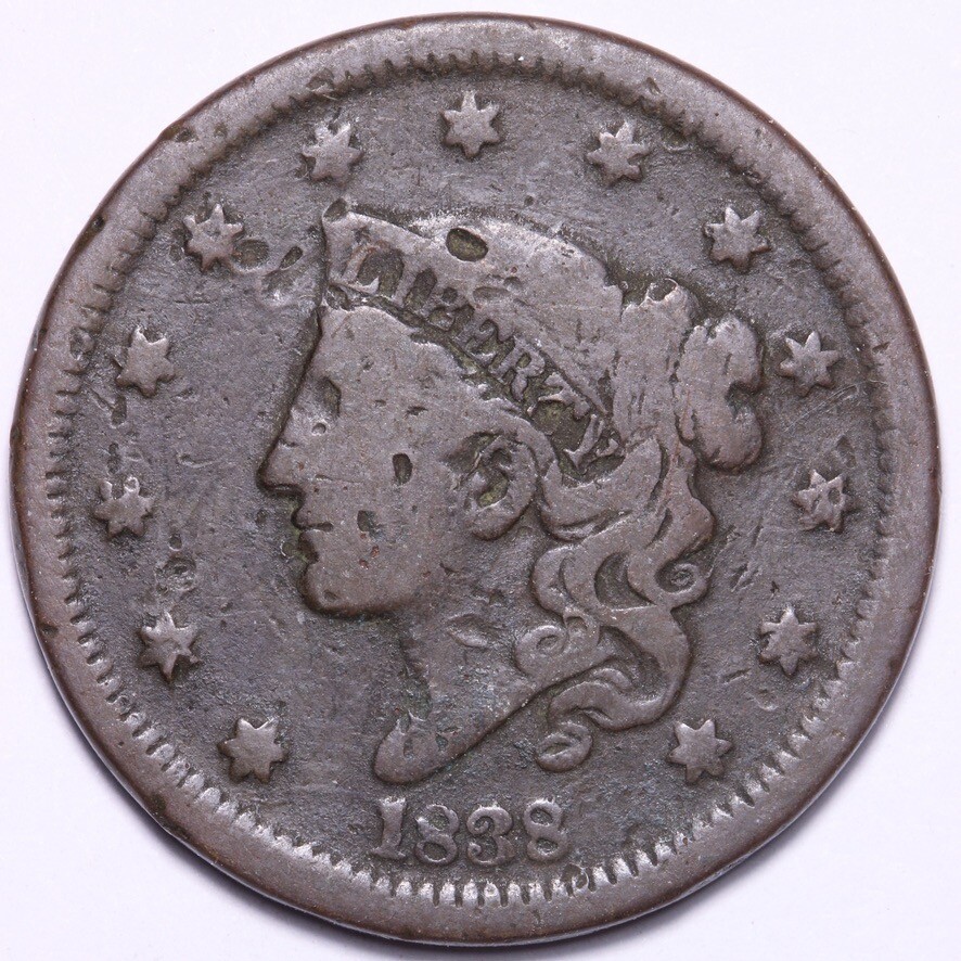 1838 Coronet Head Large Cent FREE SHIPPING E604 UCN