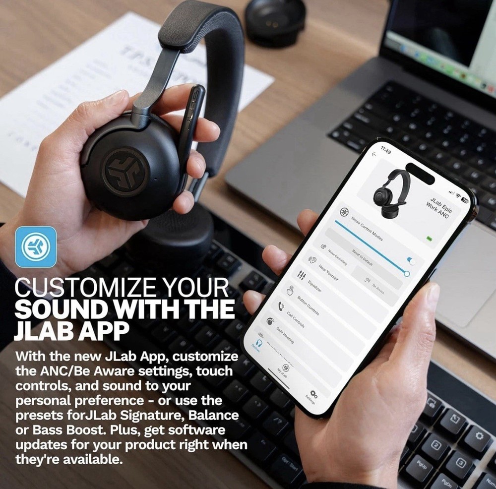 JLab Epic Work Wireless Headset with Microphone, Smart Active Noise Cancellation