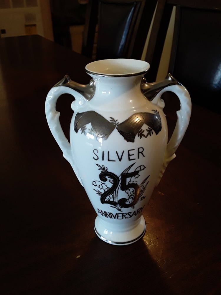 Norcrest Fine China Silver 25th Anniversary Two Handled Small Vase