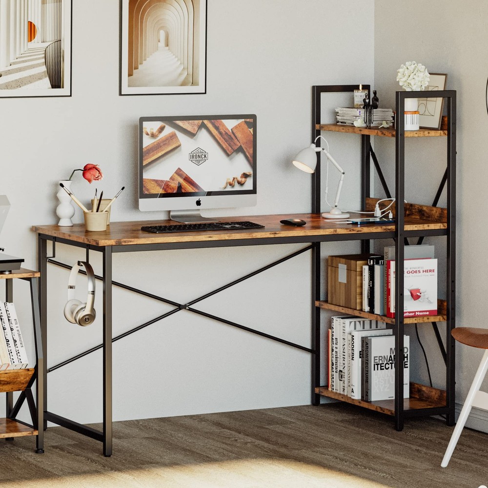 IRONCK 55" Computer Desk w/ Power Outlet & Storage Shelves, Study Writing Table