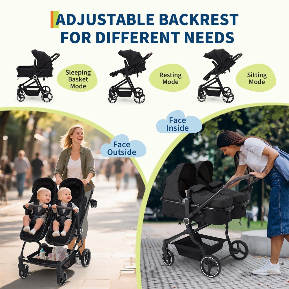 Double Stroller for Twins, Lightweight Side by Side Baby Stroller
