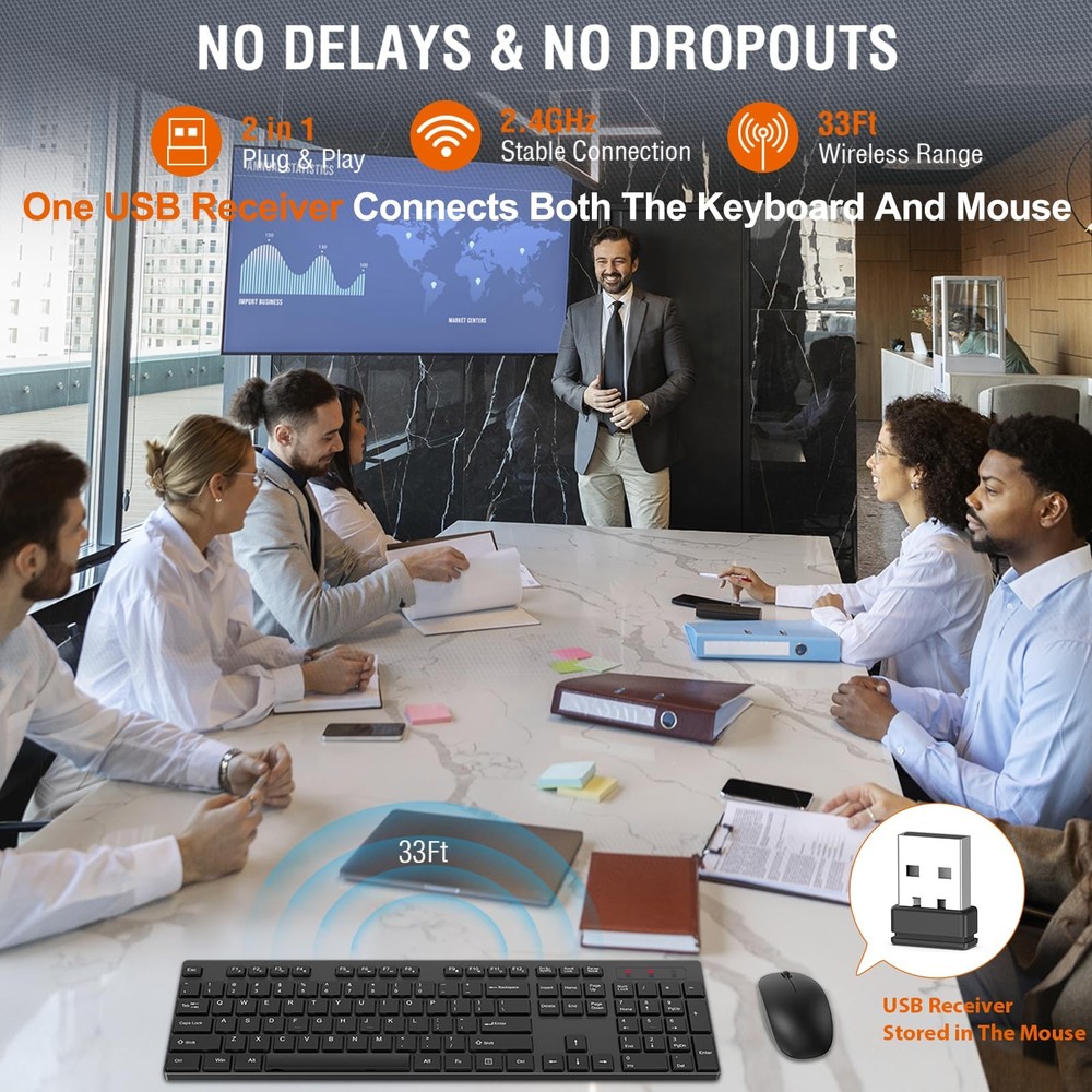 Black 1 Pack Wireless Keyboard Mouse Combo Silent Full Size Cordless USB 2.4G