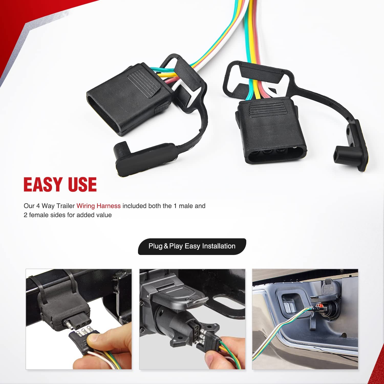 Nilight 4 Way Flat Trailer Y-Splitter Plug and Play Adapter Extension Harness