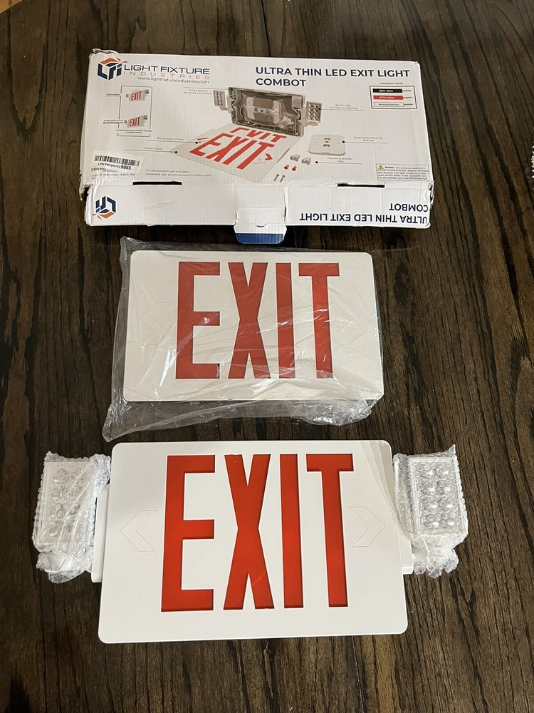 LFI Lights Thin Red LED Exit Sign Emergency Light Combo Open Box COMBOT-R-W-BB