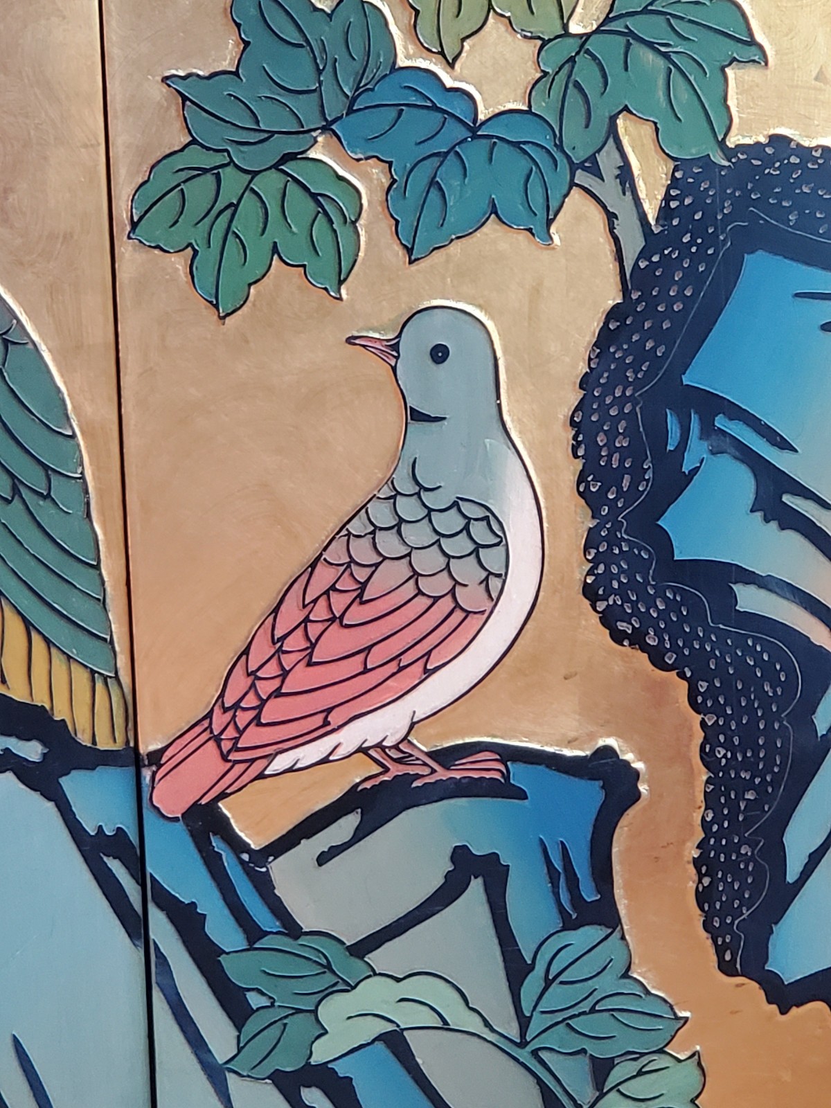 Gold Lacquered Chinese Screen 1960s Excellent Lotus Cranes Doves Flowers !