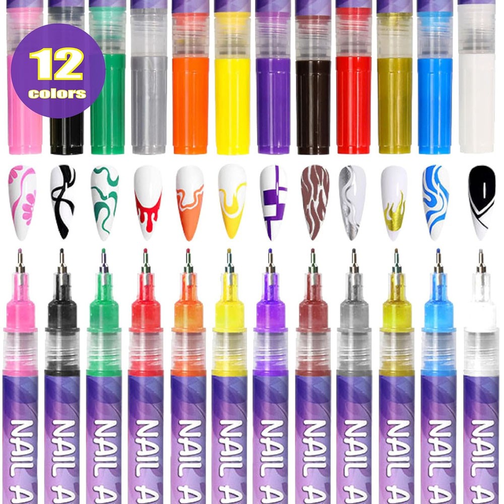 12 Colors Nail Art Pens Set Waterproof 0.5MM Nail Polish Pens Quick-Drying Nail