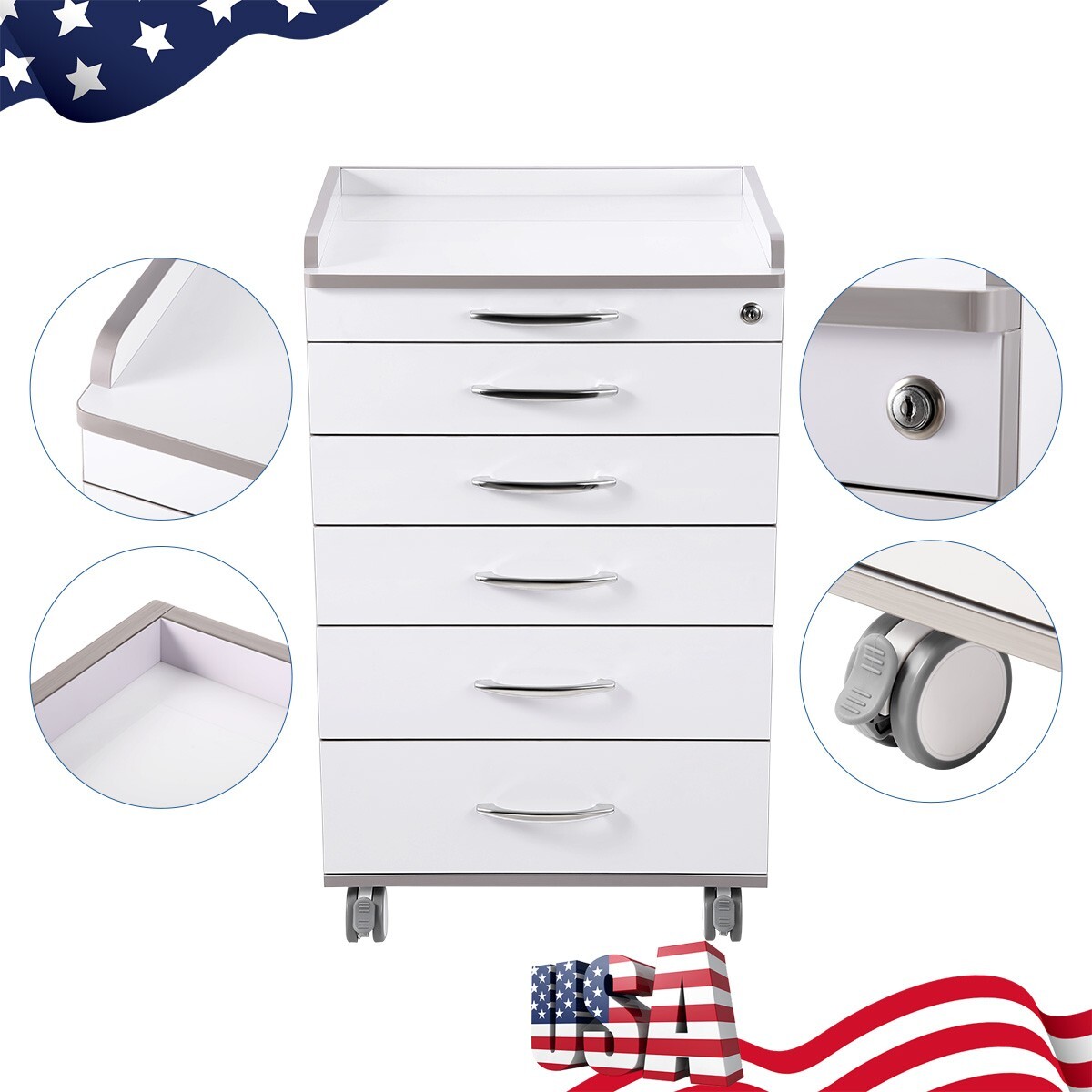 Mobile Dental Cabinet Cart With Grids 5 Drawers Lab Medical Storage Trolley Cart