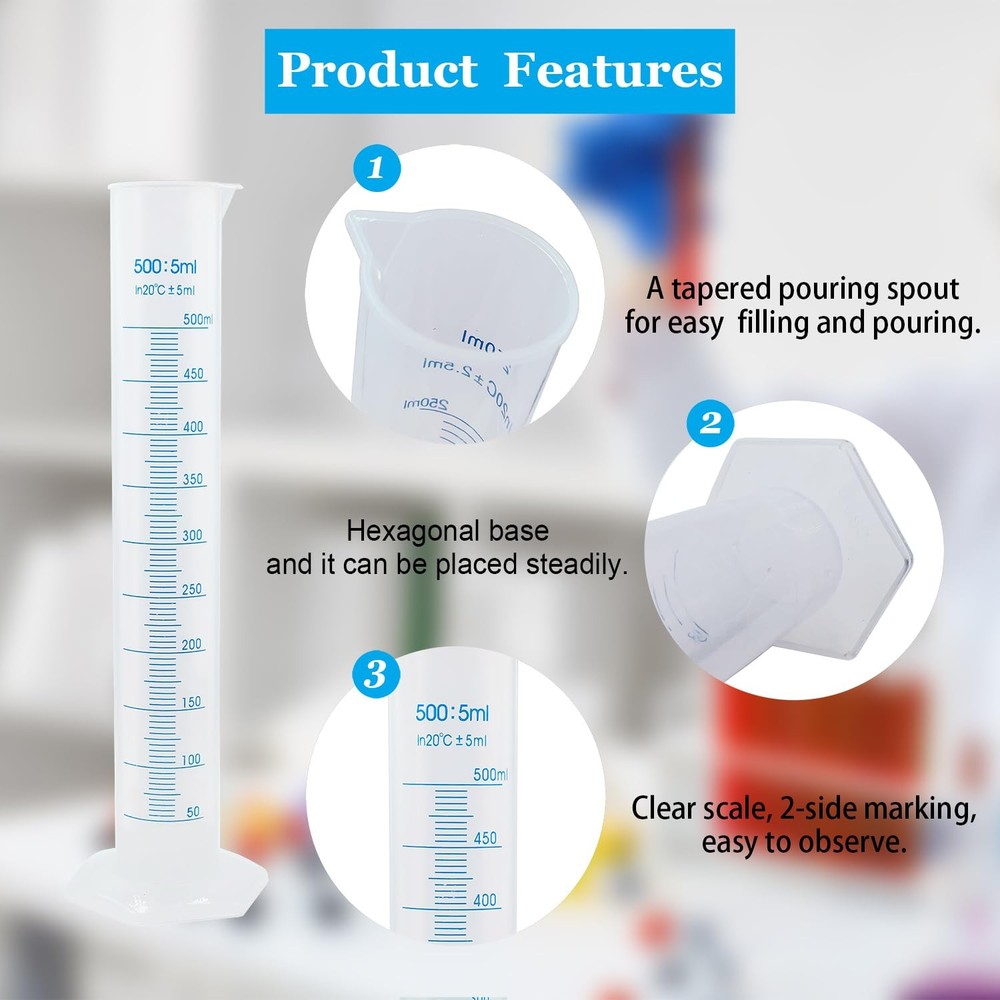 500ml Plastic Measuring Graduated Cylinder, Polypropylene Plastic, 2-Sided Ma...