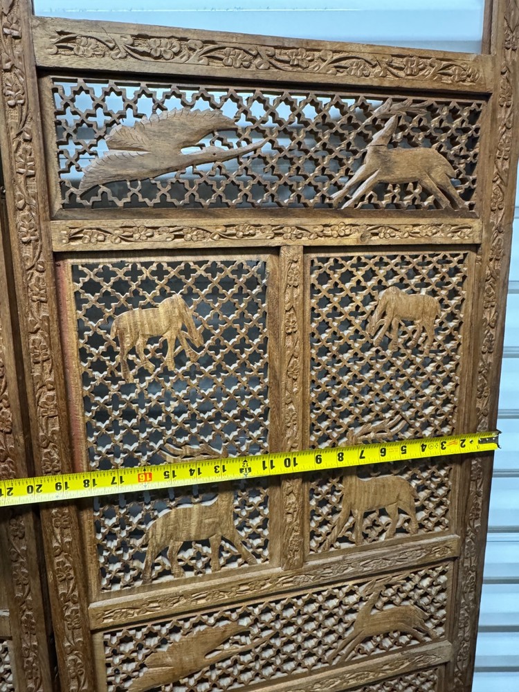 Mid-Century Carved Folding Four Panel Room Divider Screen
