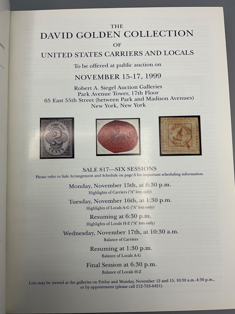 David Golden Collection United States Carriers Locals, Siegel Auction Catalog V2