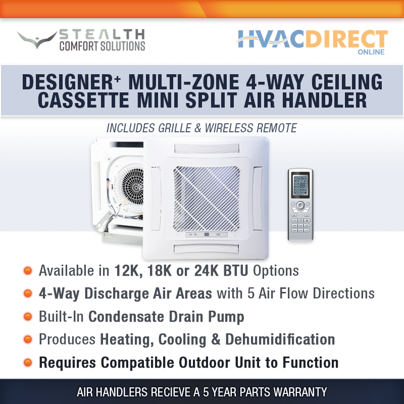 Stealth 12K / 18K / 24K BTU Ceiling Cassette Multi-Zone Mini-Split Air Handler