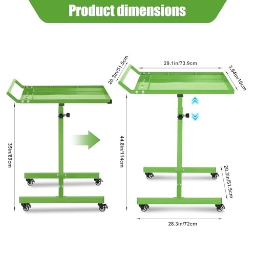 Rolling Tool Tray with Wheels, Adjustable Height Mobile Work No Drawer Green
