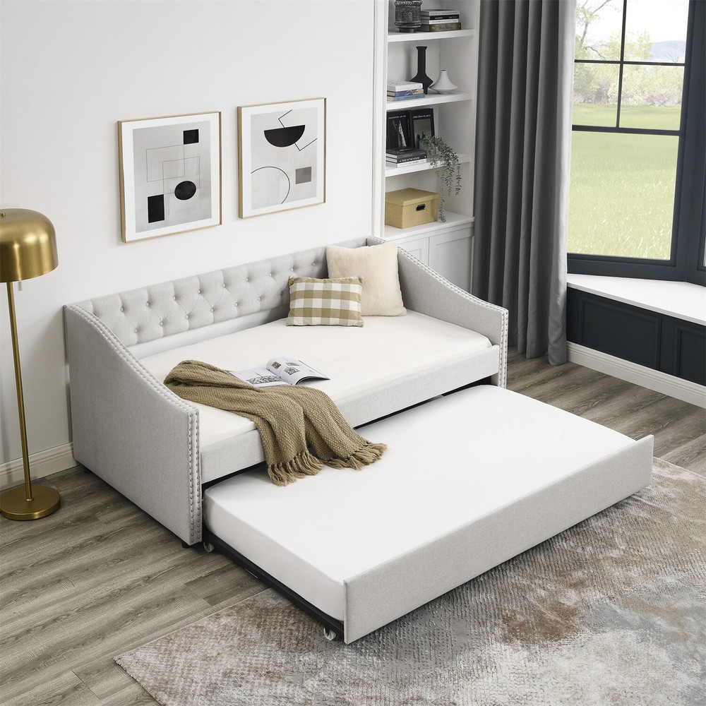 Twin/Full Size Daybed w/ Pull-Out Trundle Bed Upholstered Bed Frame Sofa Bed